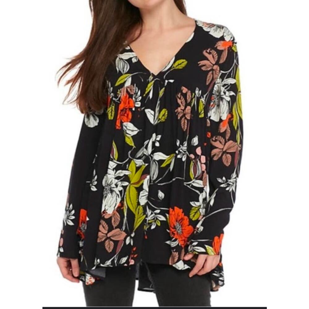 Womens Free People Bella Black Floral Top Size XS Festival Boho V-Neck Babydoll